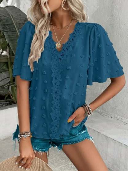 🔥 Elegant Swiss Dot Lace Butterfly Sleeve Shirt, Long Sleeve Commuter Top, Loose Fit Casual Summer Blouse for Women