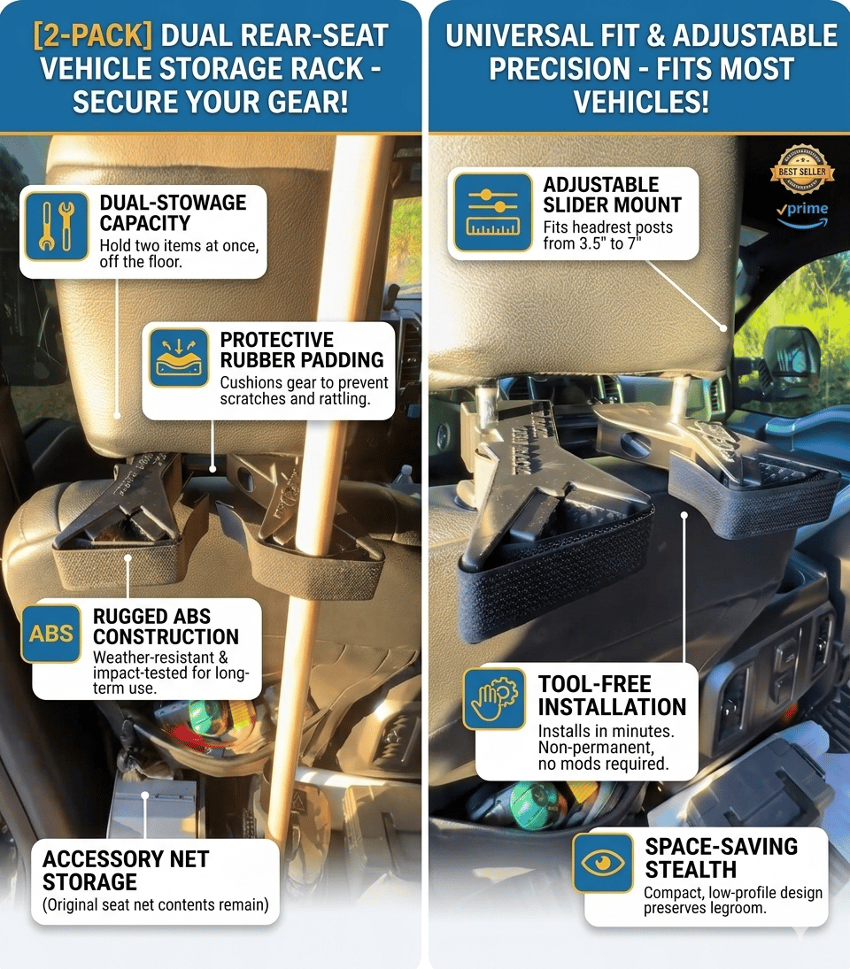 🚗 Adjustable Vehicle Seat-Back Gear Holder – Universal Secure Storage Mount