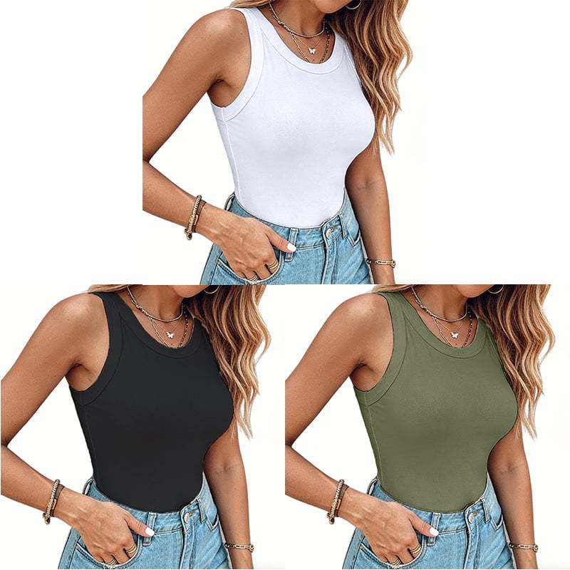 This Week's Special Price🍃Round Neck Built-in Bra Ribbed Tank Top Fit Casual Comfortable💥