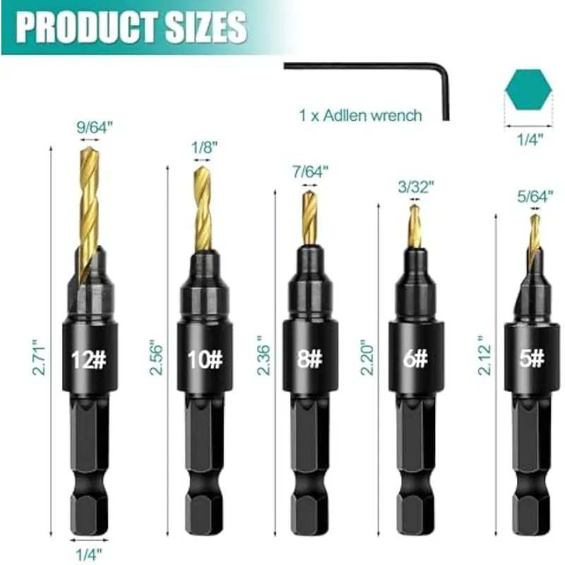 5PCS Countersink Drill Bit Set �C Precision Drilling for Perfect Screw Holes