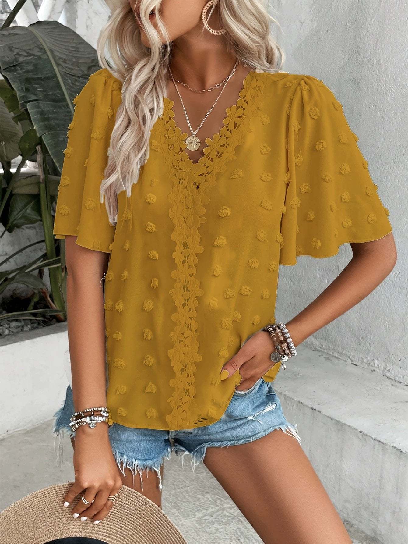 🔥 Elegant Swiss Dot Lace Butterfly Sleeve Shirt, Long Sleeve Commuter Top, Loose Fit Casual Summer Blouse for Women