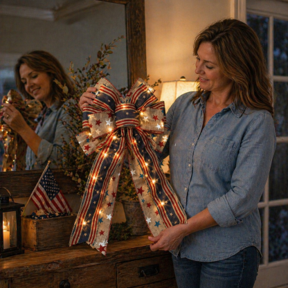 Show Your American Pride ❤️🤍💙 2Pcs LED Patriotic Burlap Bow Set For Front Door & Wreath Decor