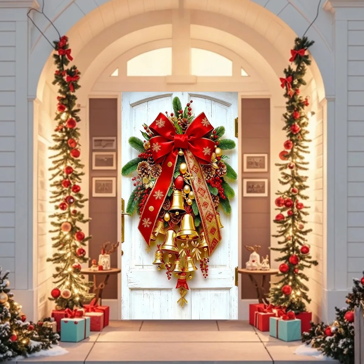 Christmas Door Covers,Decorative Bow Bell Wreath Christmas Door Wraps