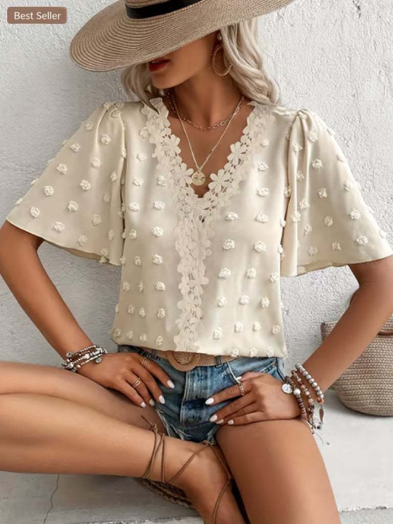 Elegant Swiss Dot Lace Butterfly Sleeve Shirt, Long Sleeve Commuter Top, Loose Fit Casual Summer Blouse for Women