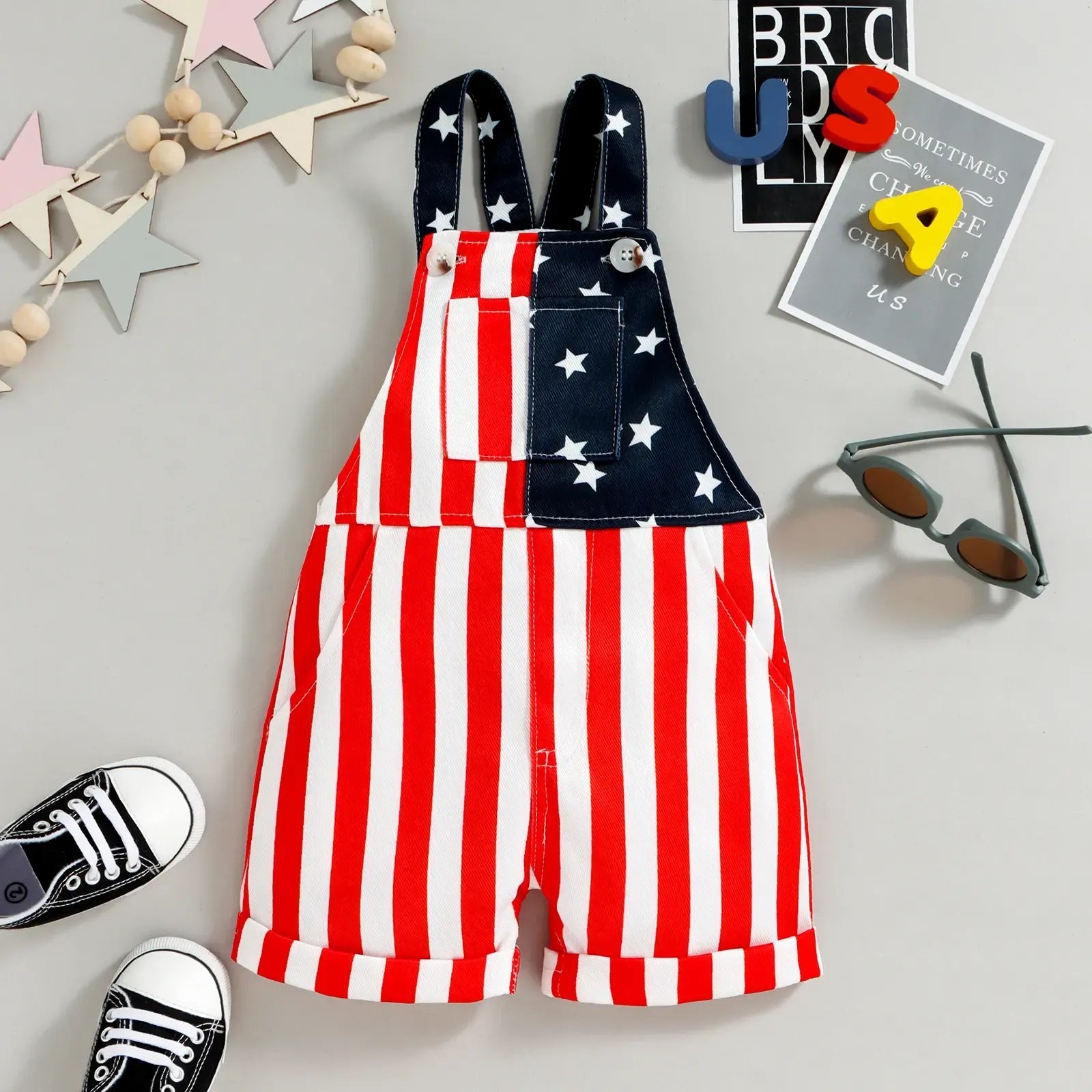 Hot Sale Toddler 4th of July American Flag Suspender Romper