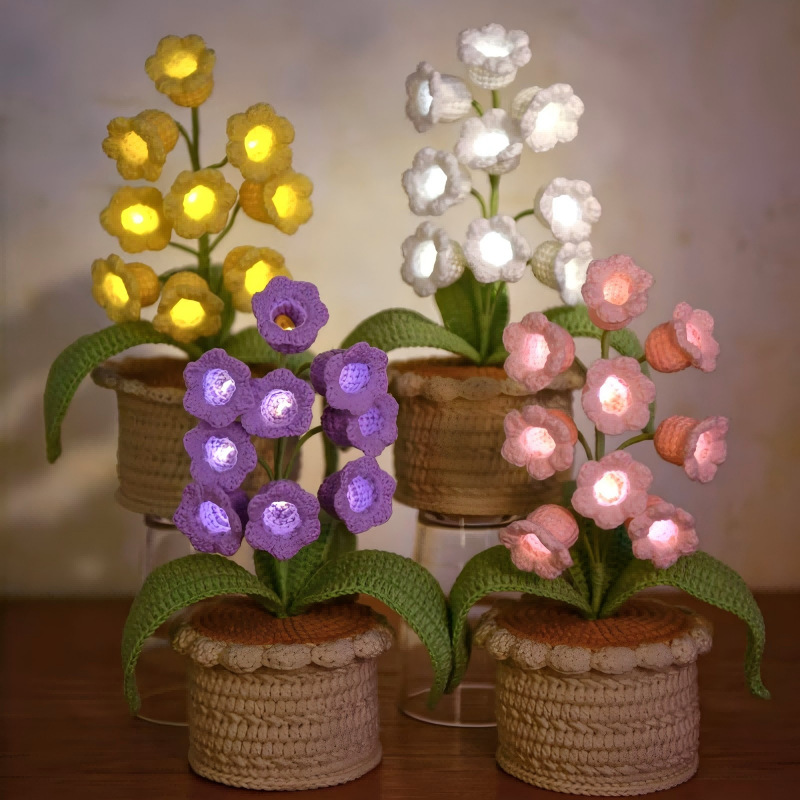 LED Light Crocheted Lily of the Valley - Glowing Potted Knit Flower Home Ambiance Decor