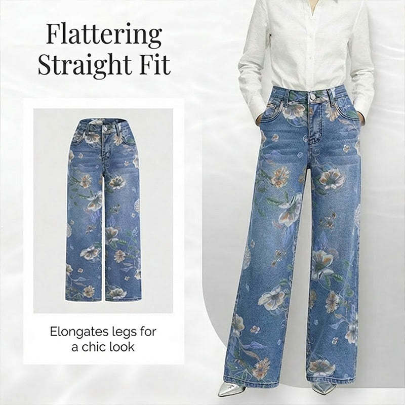 👖 50% OFF NOW! 🌸 Women's Floral Print Straight-Leg Jeans – Stretchy denim, vintage vibe & perfect for everyday casual chic ✨