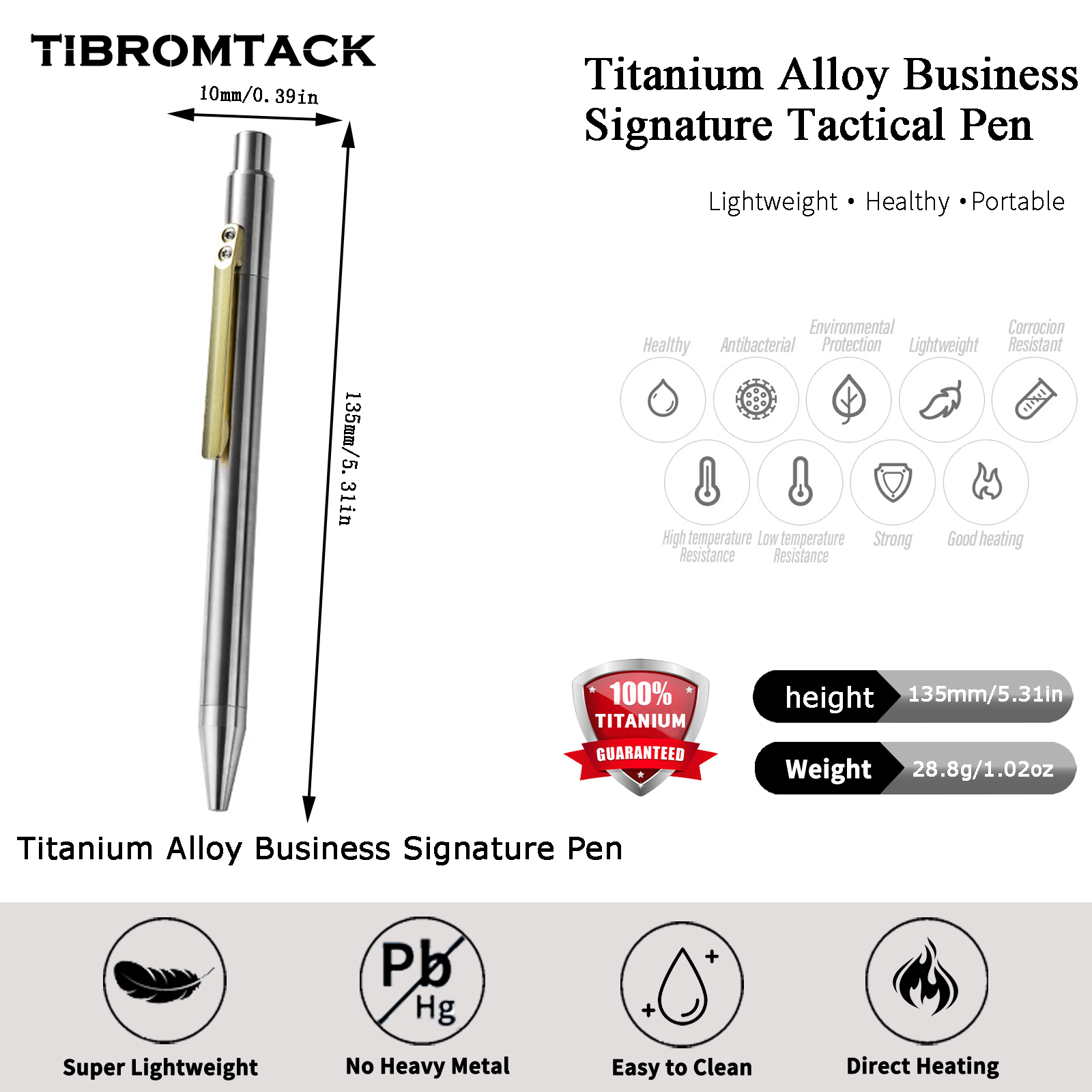 TIBROMTACK Pure Titanium Bolt Action Pen - Durable 13.5cm Writing Pen for Travel, School, Work | Lightweight 28.8g/1.02oz Metal Signature Pen | Birthday Gift Idea