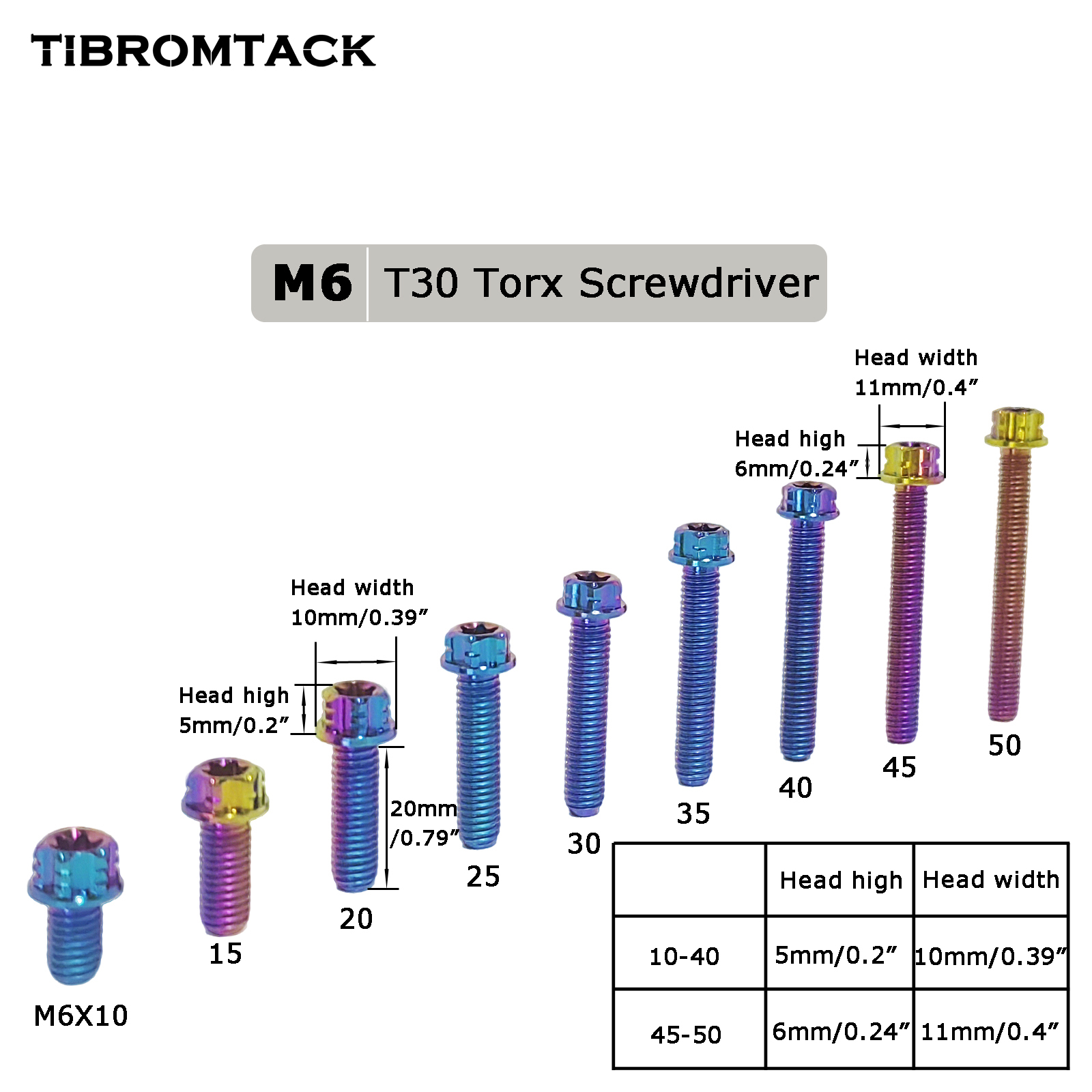 TIBROMTACK M6 Titanium Bolts, Flange Torx Head(4 pcs pack), T30 Torx Screwdriver, M6X10 15 20 25 30 35 40 45 50, High Strength Lightweight for Motorcycle, Automotive