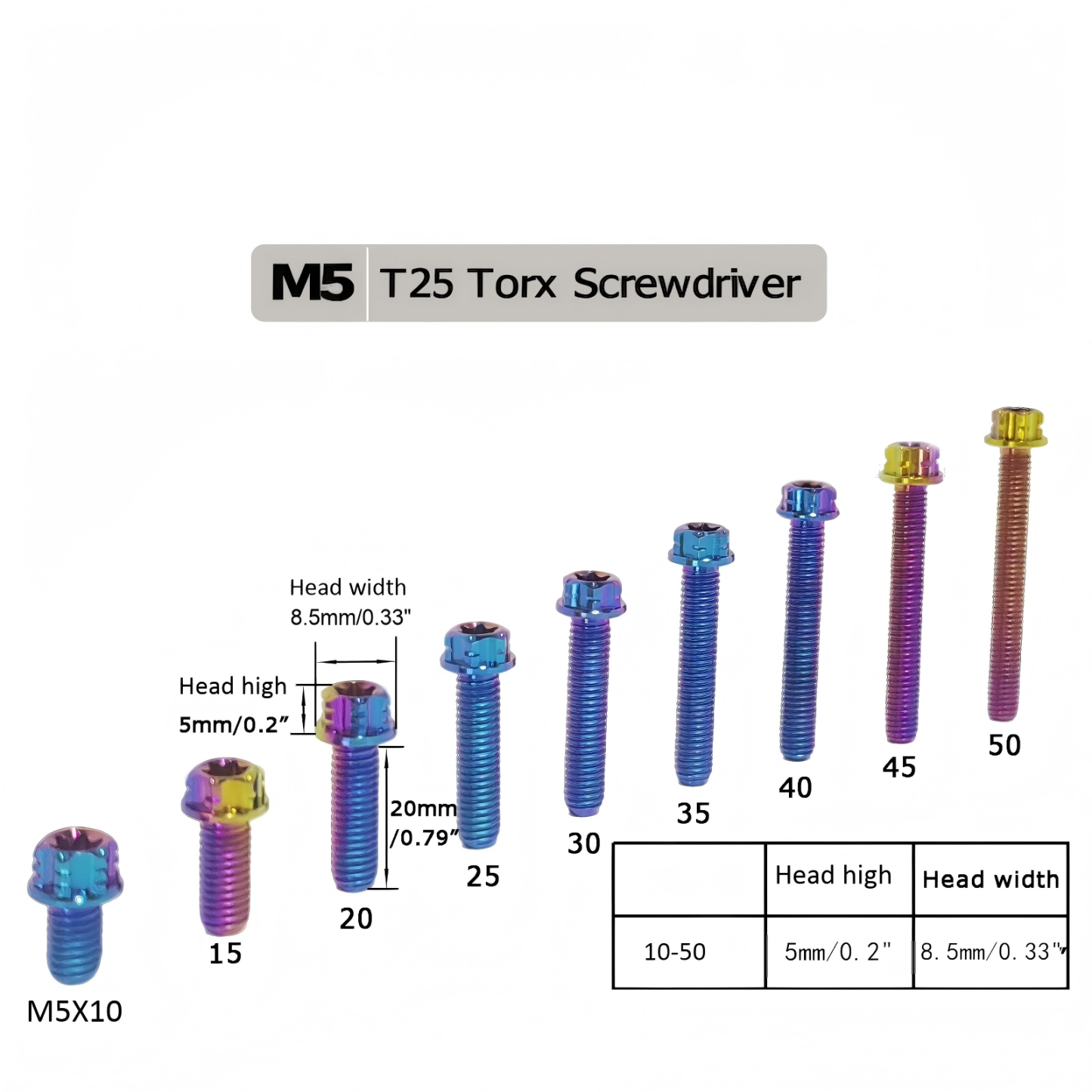 TIBROMTACK M5 Titanium Bolts, Gr5 Titanium Alloy Torx Bolts M5 x 10-50mm, Compatible with T25 Torx Bit/7mm Socket, Lightweight & High Strength, Rust-Proof  Fasteners for Vehicles