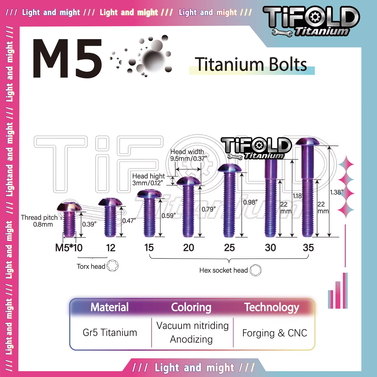 TIFOLD M5 Gr5 Titanium Bolts, Mushroom Umbrella Head Screws, M5×10-35mm,  for Bike Motorcycle Car Mods, 10PCS/Pack