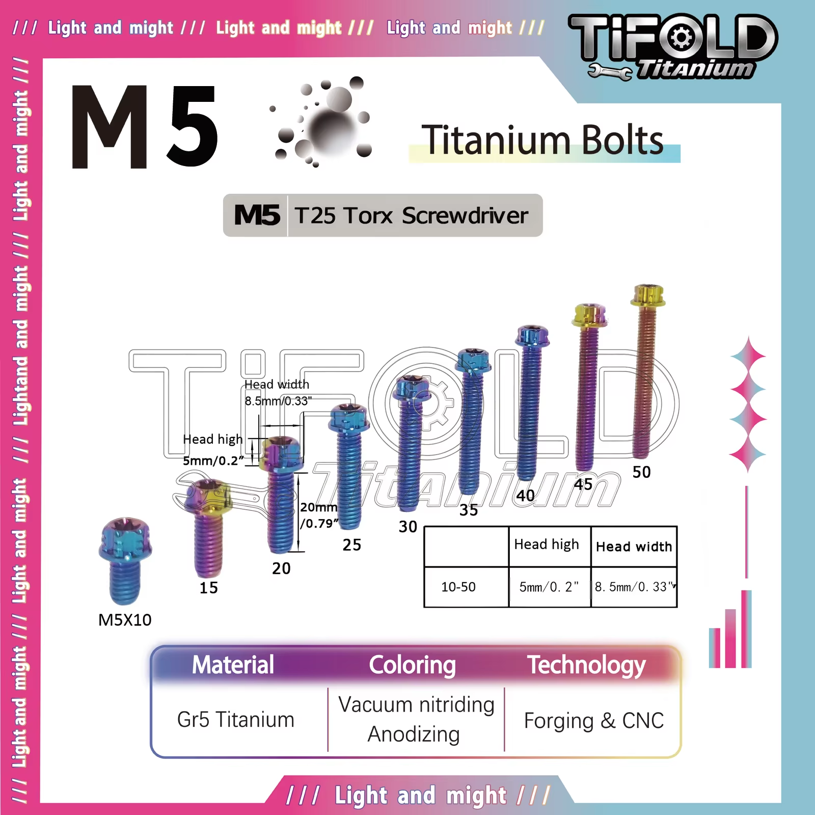 TIFOLD  M5 Titanium Bolts  1Piece, Gr5 Titanium Alloy Torx Bolts M5 x 10-50mm, Compatible with T25 Torx Bit/7mm Socket