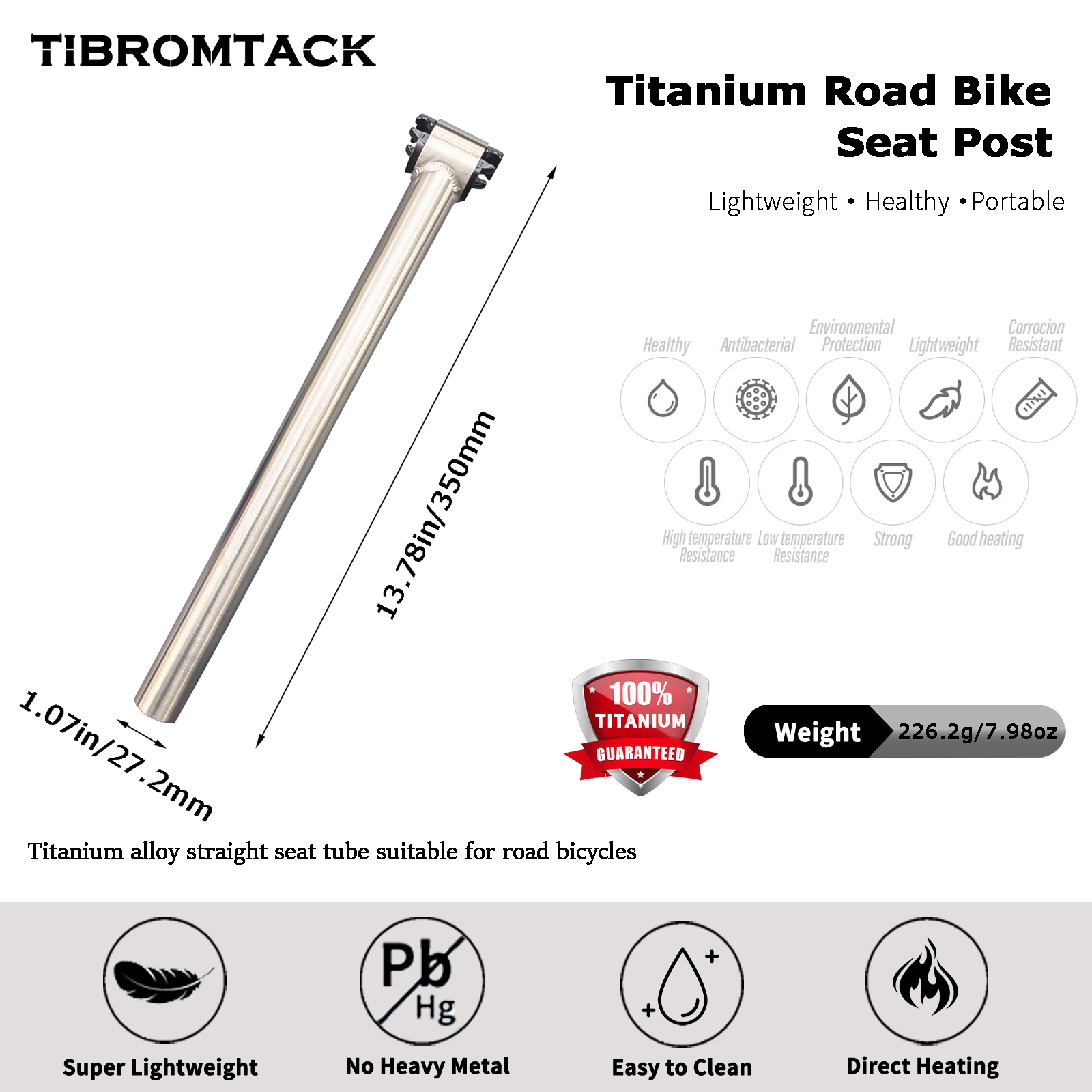 TIBROMTACK Titanium Road Bike Seat Post, 27.2mm (1.07in) Diameter, 13.78in (350mm) Length, 226.2g Lightweight Seat Pole, Straight No Offset, for Road Bike Racing, Training & Long-Distance Riding