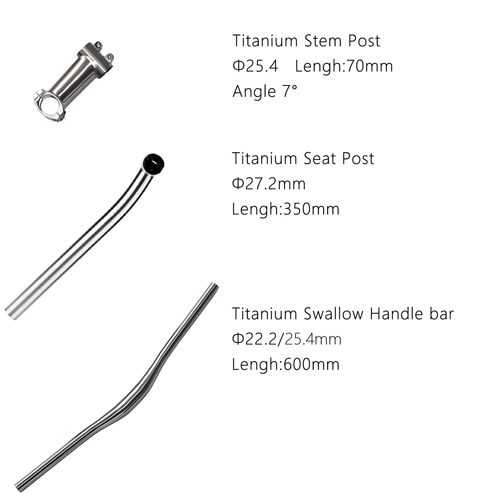 Titanium accessories for road bikes Titanium Swallow Handlebar (25.4*22.2mm, 600mm) Titanium Seat Post (27.2mm, 350mm) Titanium Stem (25.4mm, 70mm, 7° Angle)