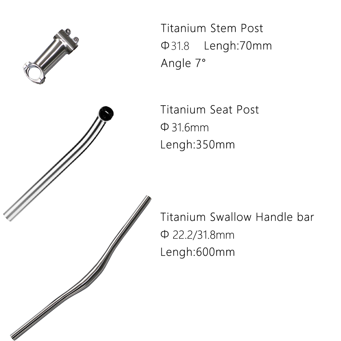 Premium Titanium MTB 3-Piece Set Titanium Swallow Handlebar (31.8*22.2mm, 600mm) Titanium Seat Post (31.6mm, 350mm) Titanium Stem Post (31.8mm, 70mm, 7° Angle)