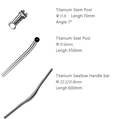 Premium Titanium MTB 3-Piece Set Titanium Swallow Handlebar (31.8*22.2mm, 600mm) Titanium Seat Post (31.6mm, 350mm) Titanium Stem Post (31.8mm, 70mm, 7° Angle)