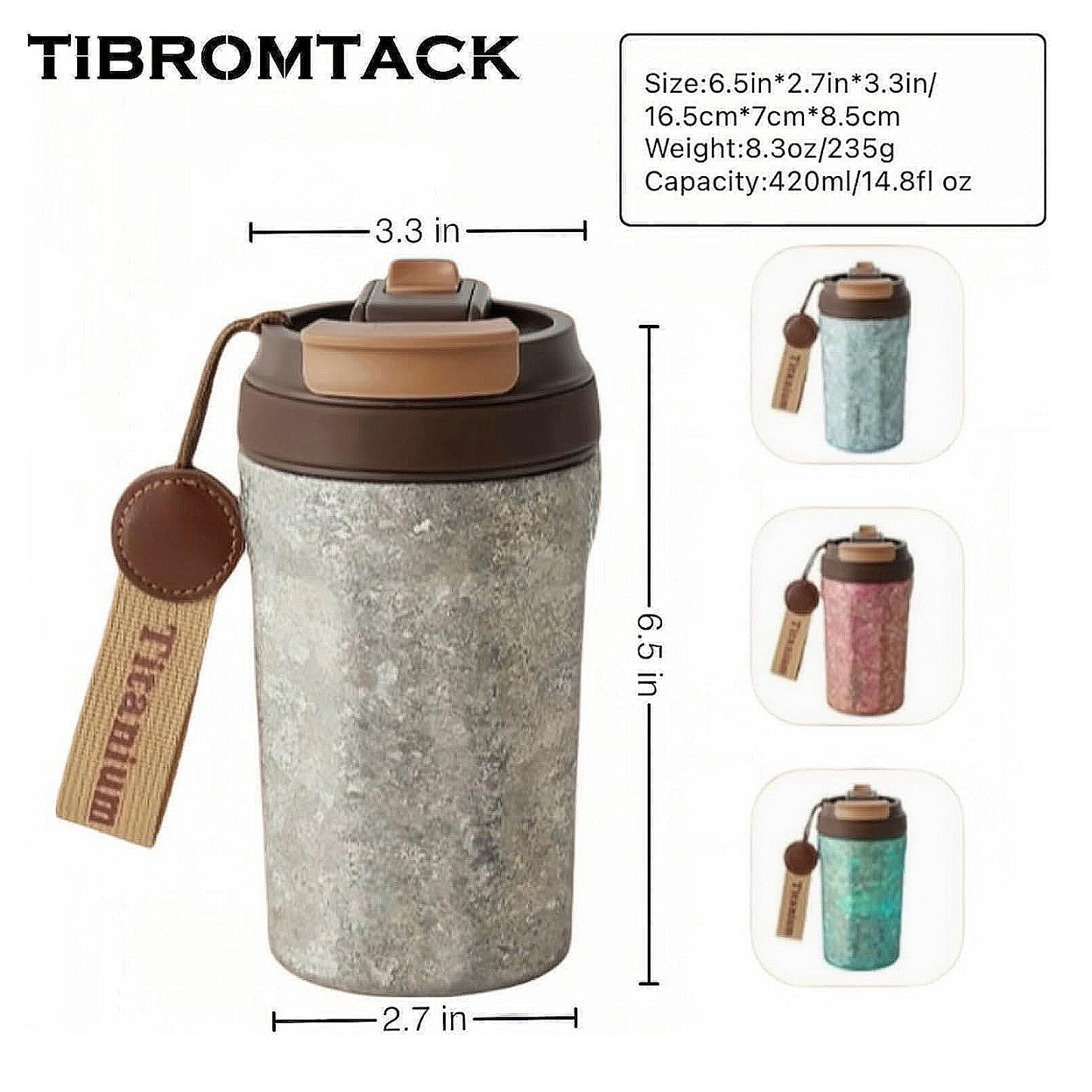 TIBROMTACK 15oz Travel Coffee Mug Titanium Coffee Travel Cup with Lid Leak Proof Small Travel Mug Reusable Portable Coffee Cup Insulated Coffee Tumbler for Hot and Cold Drinks