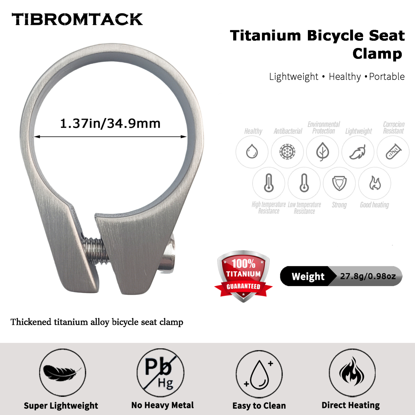 TIBROMTACK Titanium Bicycle Seat Clamp, 34.9mm (1.37 Inch) Inner Diameter, 27.8g Ultra-Light Bike Seat Clamp for Bike Seat Posts, High Strength & Corrosion Resistant SE Bike Parts