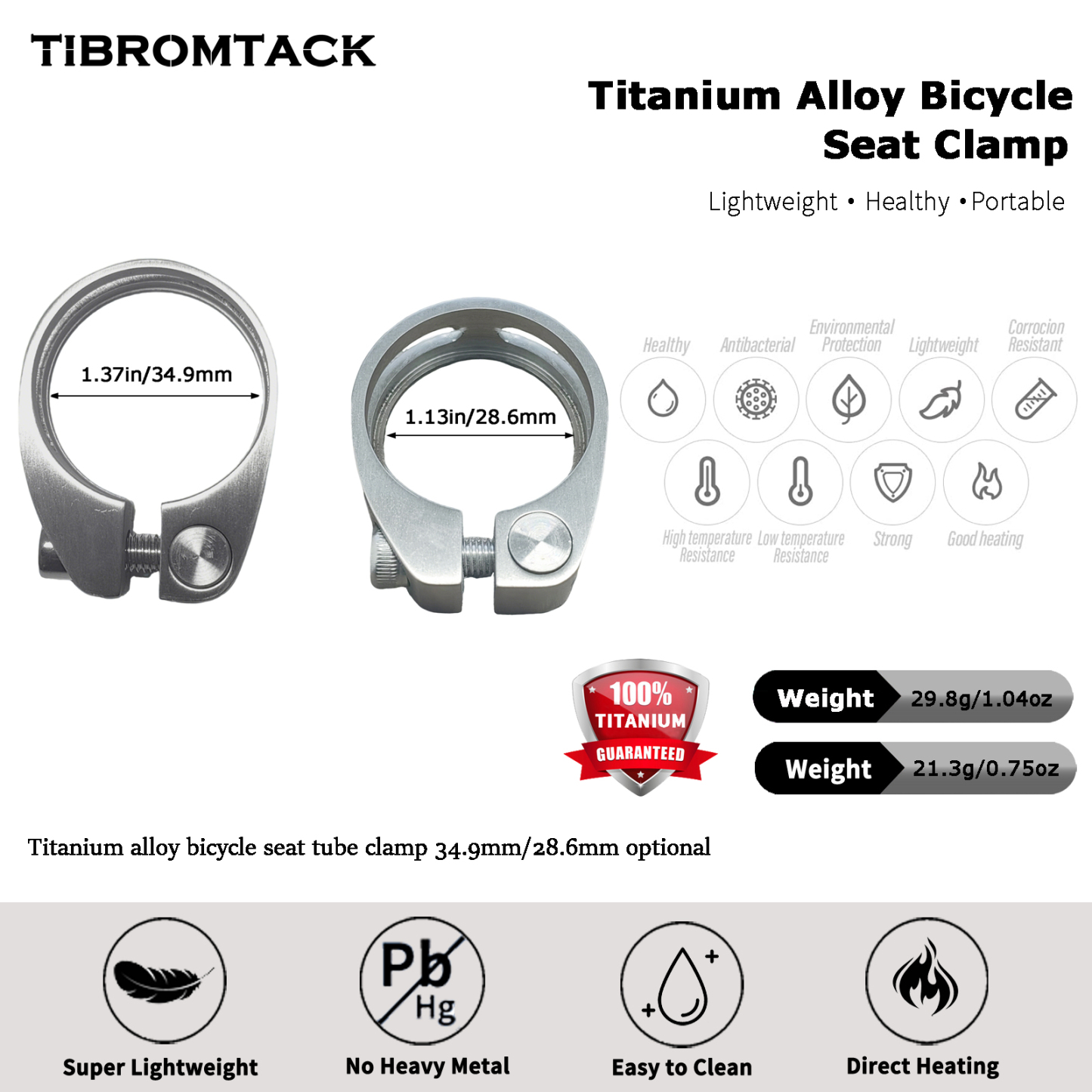 TIBROMTACK Titanium Alloy Bicycle Seat Clamp, 34.9mm(1.37inch)/ 28.6mm(1.13inch) Lightweight High Strength Bike Seat Clamp for Bike Seat Posts, Durable & Comfortable Riding