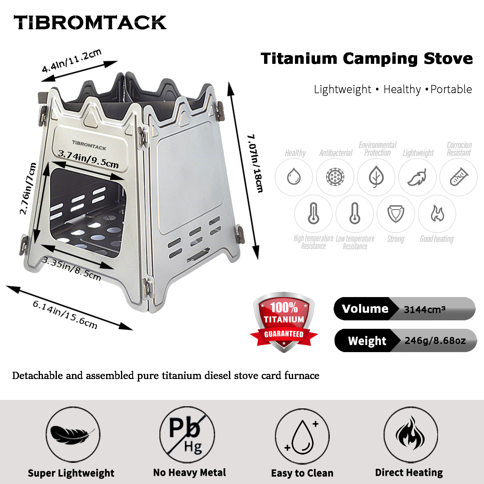 TIBROMTACK Titanium Camping Stove, Portable Collapsible Wood Burning Stove, Lightweight 8.68oz for Outdoor Camping Picnic, Compact Firebox Stove for Cooking Heating, Fits Outdoor Adventures