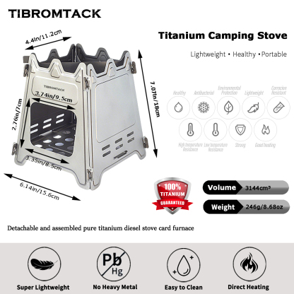 TIBROMTACK Titanium Camping Stove, Portable Collapsible Wood Burning Stove, Lightweight 8.68oz for Outdoor Camping Picnic, Compact Firebox Stove for Cooking Heating, Fits Outdoor Adventures