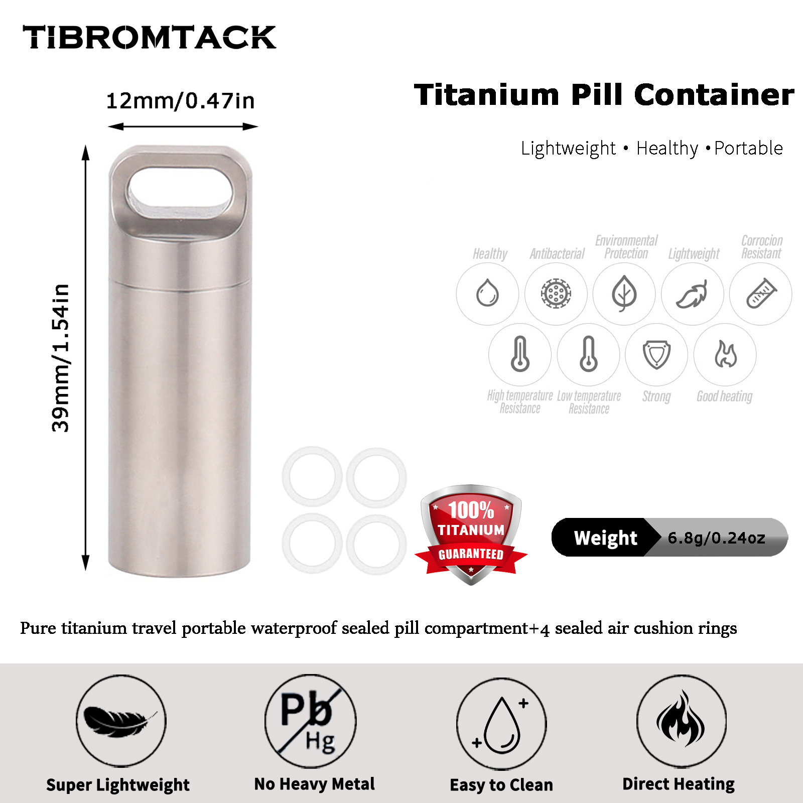 TIBROMTACK Titanium Pill Container, Waterproof Seal Metal Pill Case, Ultra-Light 6.8g Portable Pill Holder for Travel, Commute, Medicine Storage