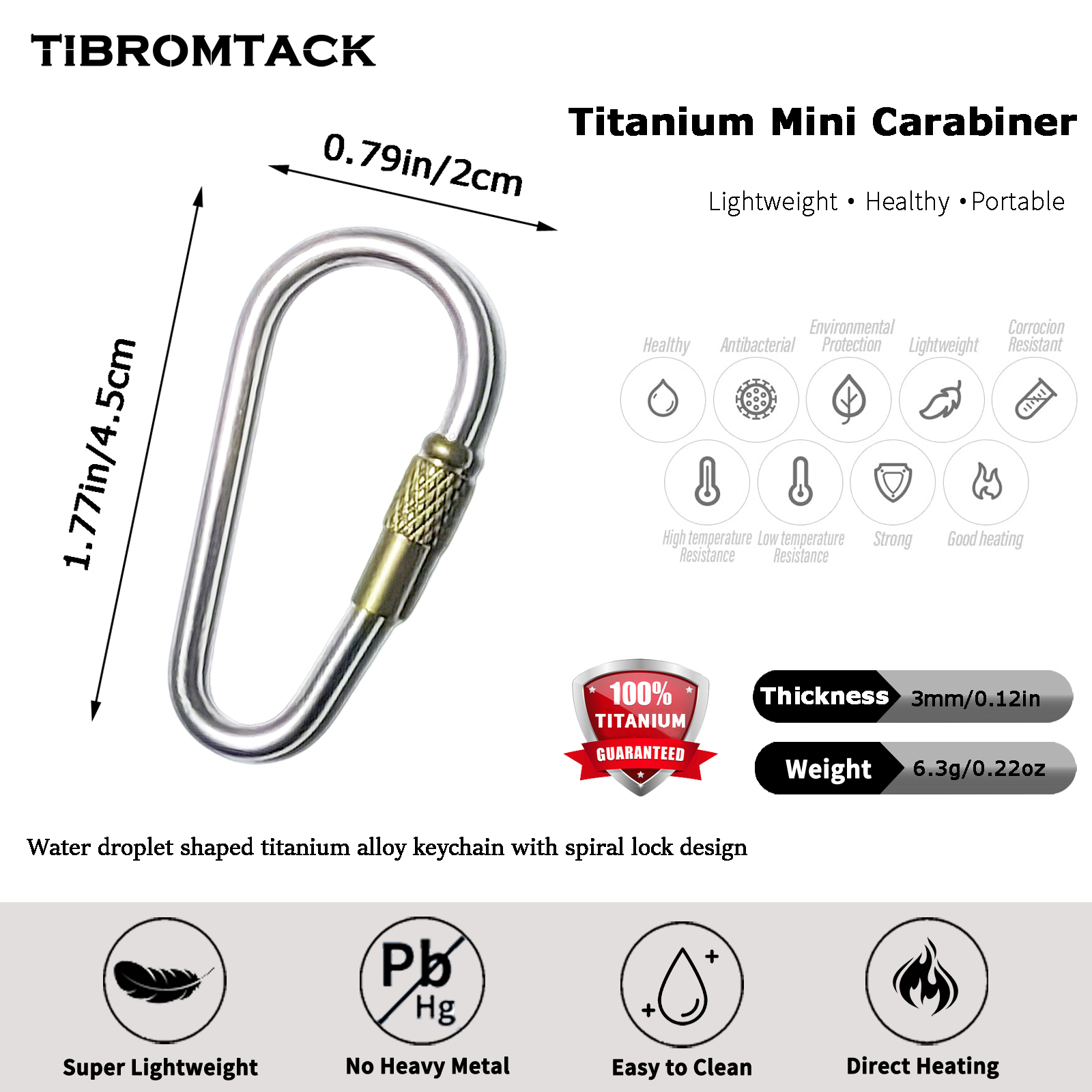 TIBROMTACK Titanium Carabiner, Mini Carabiner Small Locking Carabiner, 1.77 Inch Lightweight Keychain for Keys, Backpack Charm, Outdoor Camping Hiking, 6.3g Ultra-Light Titanium Key Clip