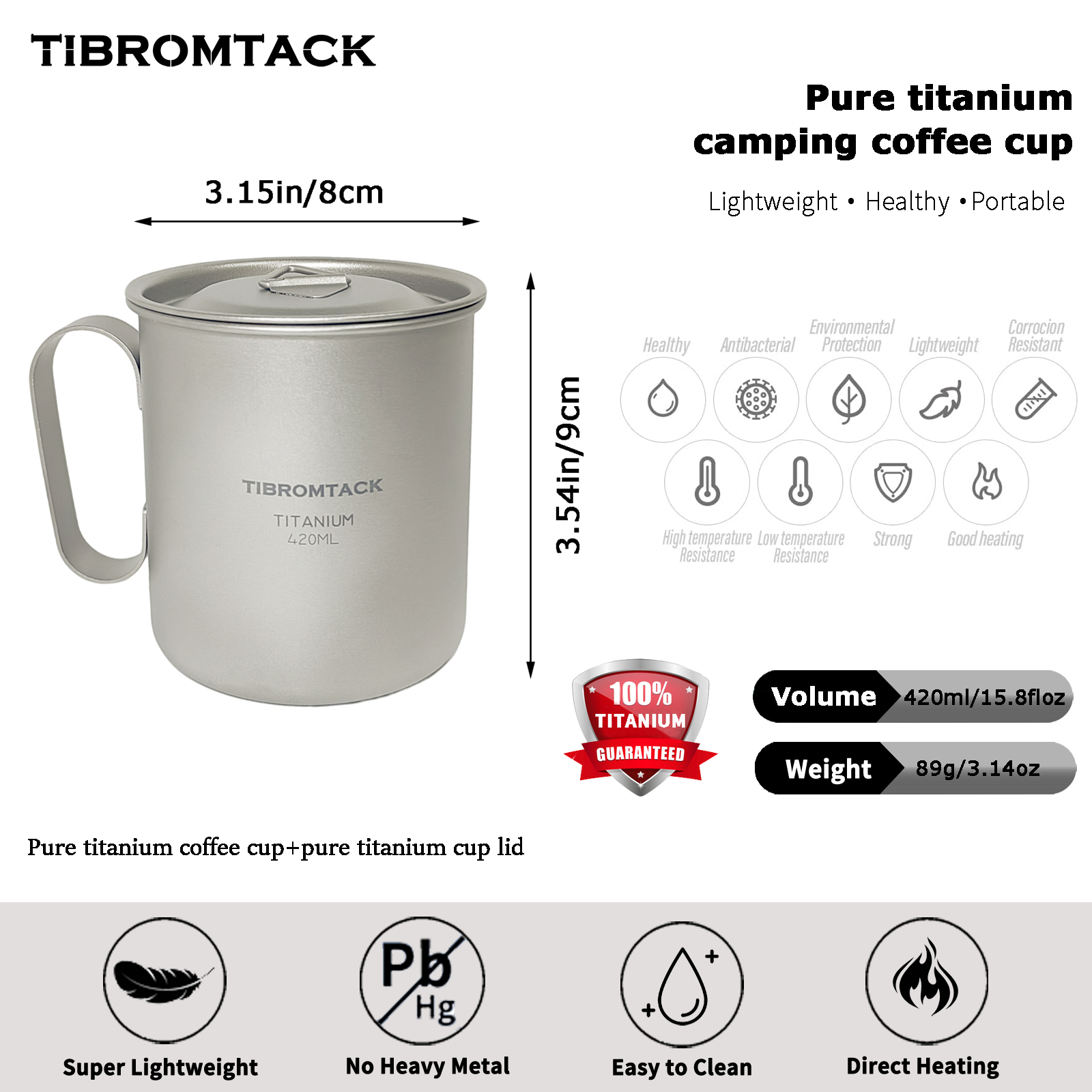 TIBROMTACK Titanium Mug 420ml, 89g Ultralight Titanium Cup for Camping Hiking, Heat-Resistant Outdoor Mug with Handle