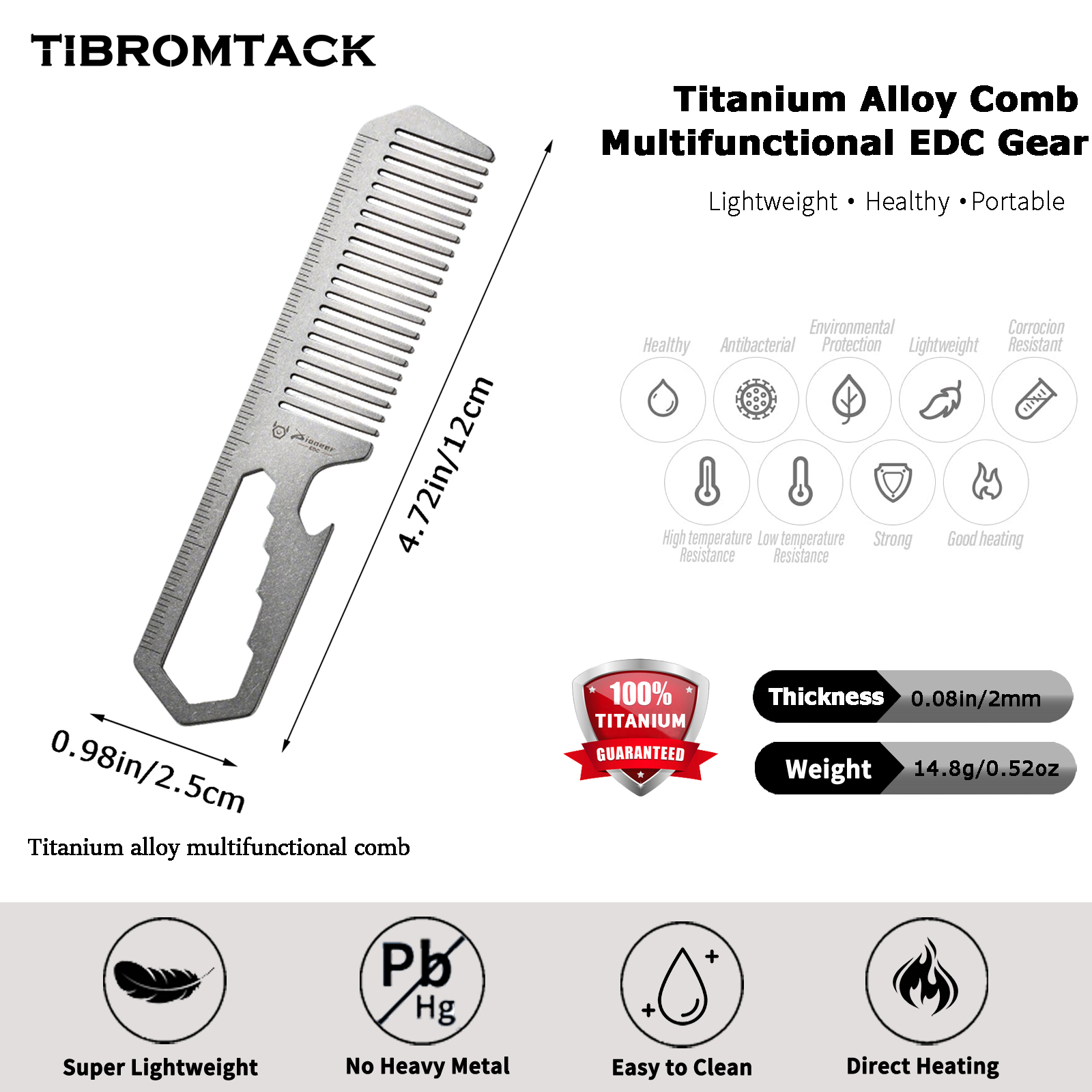 TIBROMTACK Titanium Alloy Comb Multifunctional EDC Gear - 4-in-1 Comb Bottle Opener Wrench Ruler, Lightweight 14.8g Titanium EDC Tool for Camping Commute