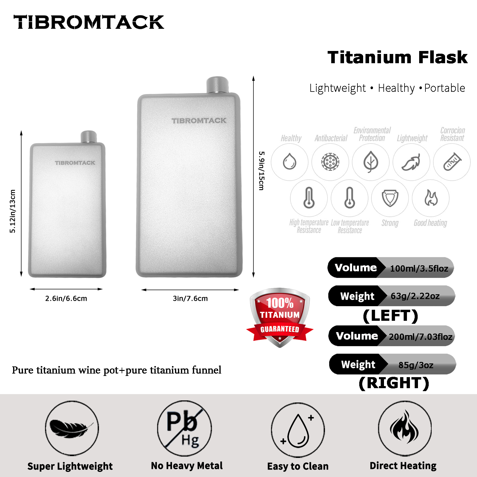 TIBROMTACK Titanium Flask, Hip Flask for Men, Lightweight Wine Flask for Outdoor, Travel & Daily Use, with Funnel