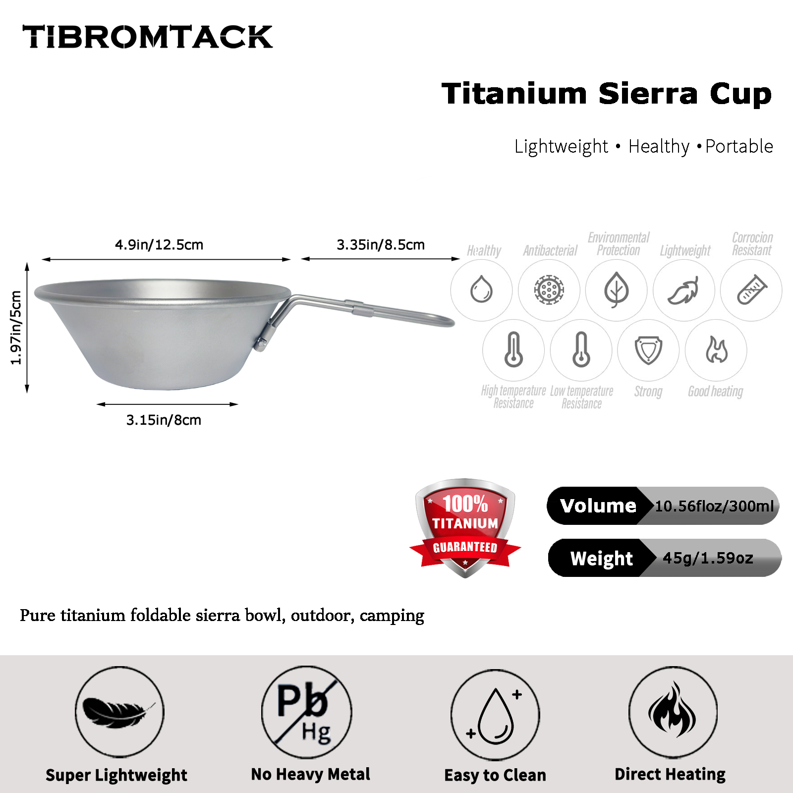 TIBROMTACK Titanium Sierra Cup, 10.56fl oz (300ml) Lightweight Titanium Bowl, 45g Foldable Handle Titanium Mug for Camping, Hiking, Outdoor & Daily Use