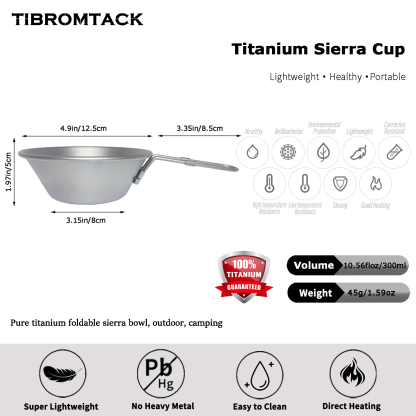 TIBROMTACK Titanium Sierra Cup, 10.56fl oz (300ml) Lightweight Titanium Bowl, 45g Foldable Handle Titanium Mug for Camping, Hiking, Outdoor & Daily Use