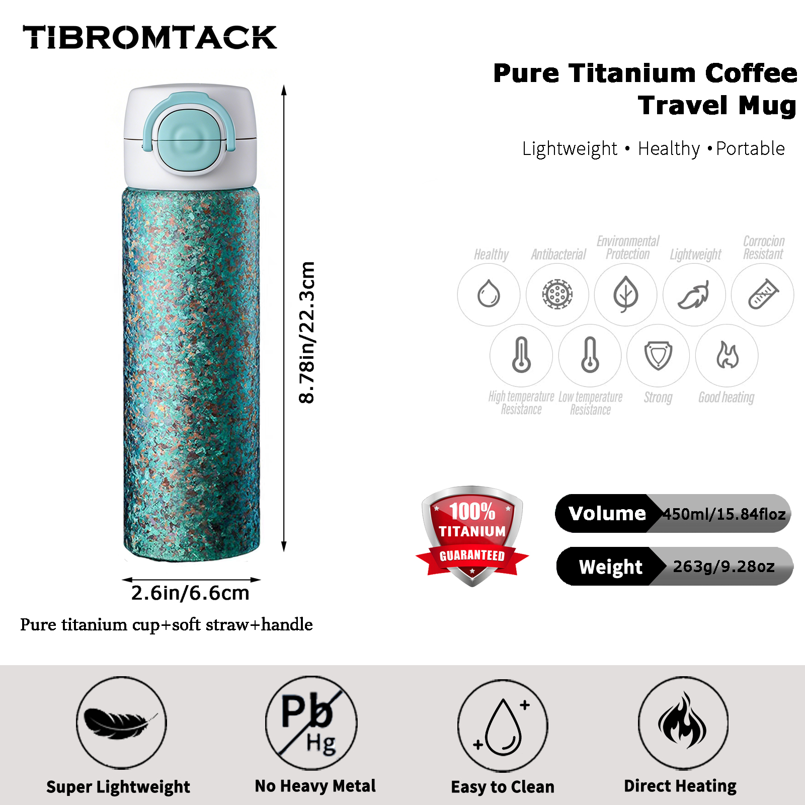 TIBROMTACK Titanium Tumbler, 450ml Pure Titanium Coffee Travel Mug with Soft Straw & Flip Lid, Lightweight 263g Insulated Cup for Commute, Office & Outdoor Use