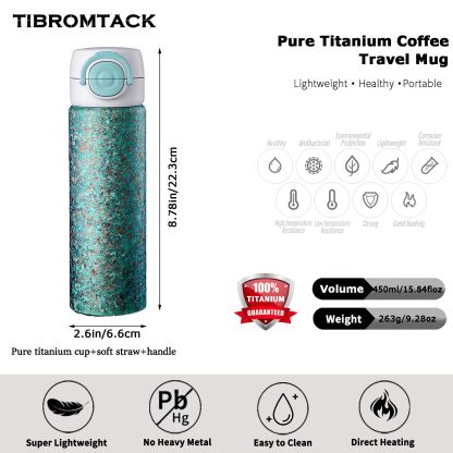 TIBROMTACK Titanium Tumbler, 450ml Pure Titanium Coffee Travel Mug with Soft Straw & Flip Lid, Lightweight 263g Insulated Cup for Commute, Office & Outdoor Use