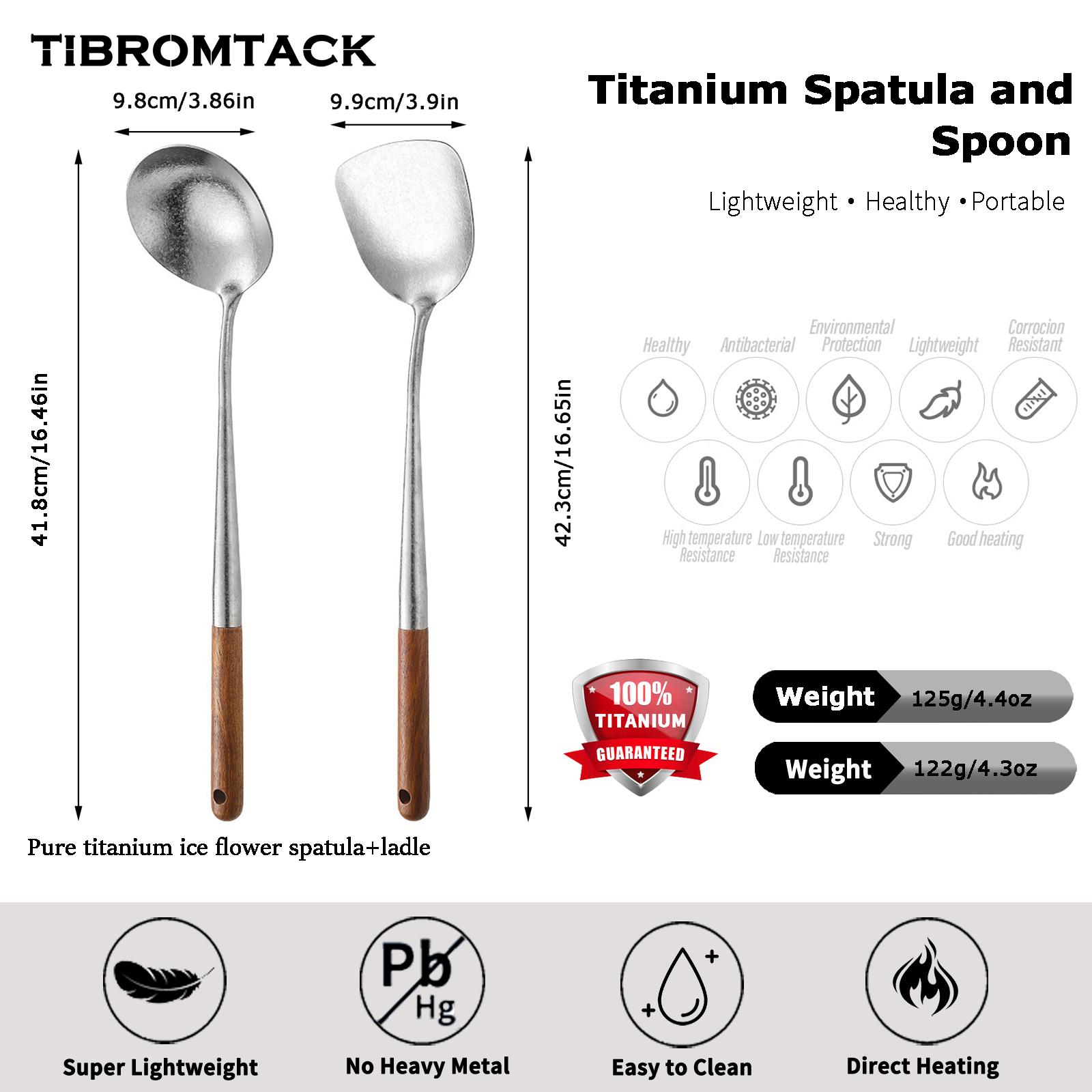 TIBROMTACK Titanium Utensils Set, Titanium Spatula and Spoon with Natural Pear Wood Handle, Ice Flower Texture, Lightweight Heat Resistant Kitchen Tools(16.65in Spatula & 16.47in Spoon)