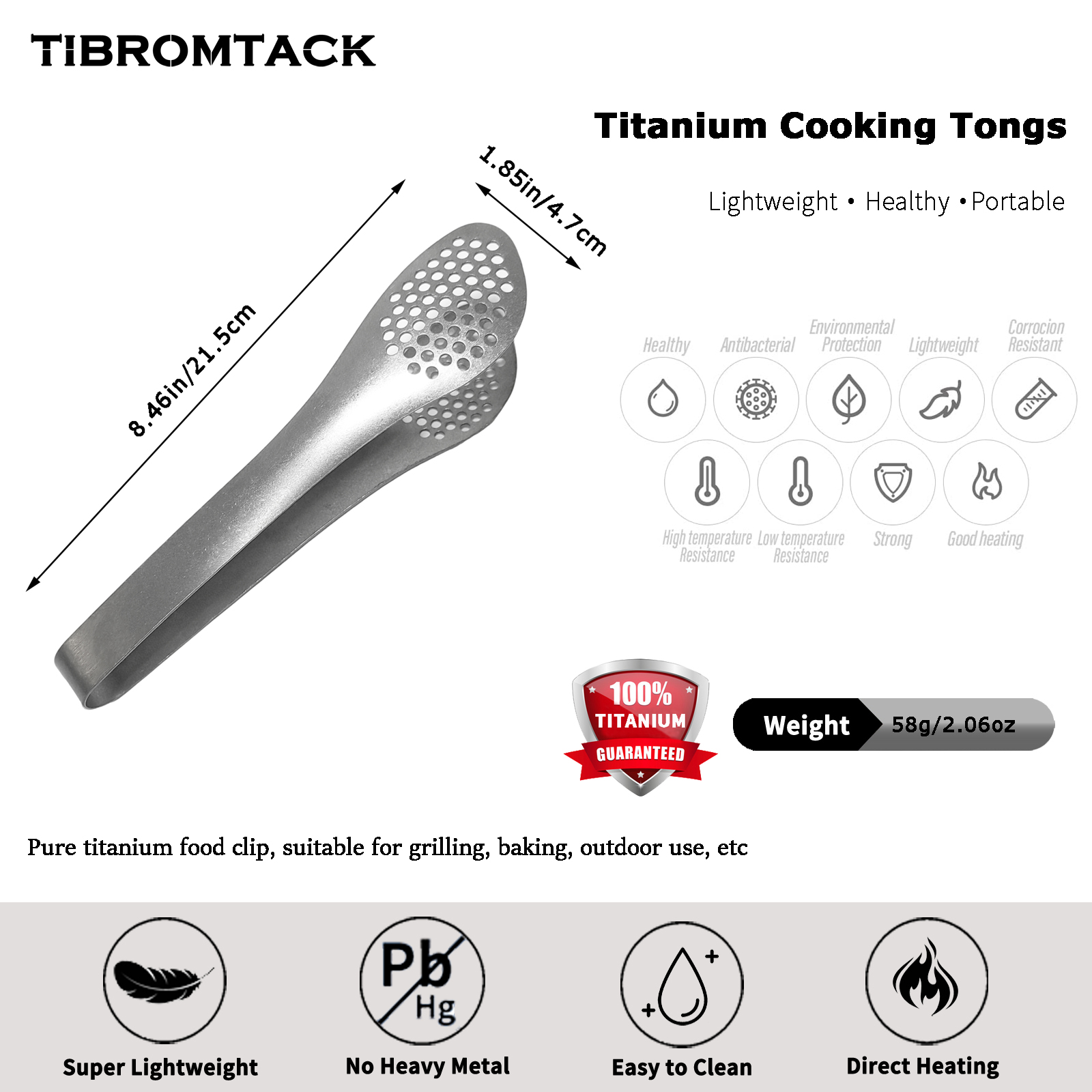 TIBROMTACK Titanium Cooking Tongs, 8.46 Inches Lightweight Metal Tongs for Grilling, Kitchen Utensils for Cooking, Baking, Outdoor, Salad, Steak, Bacon (21.5cm, 58g)