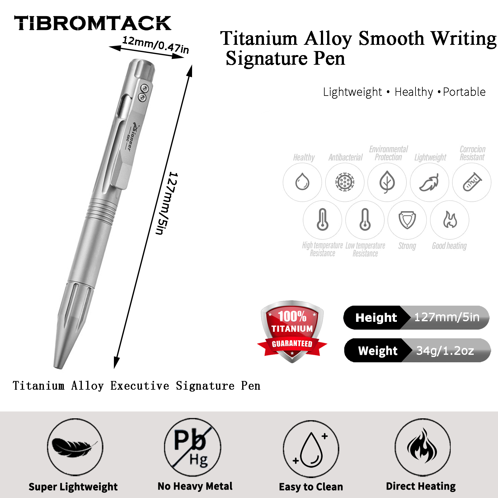 TIBROMTACK Pure Titanium Bolt Action Pen - 127mm/5in 34g Metal Writing Pen | Steel-Strength EDC Fidget Pen for Signing & Calligraphy, BPA Free