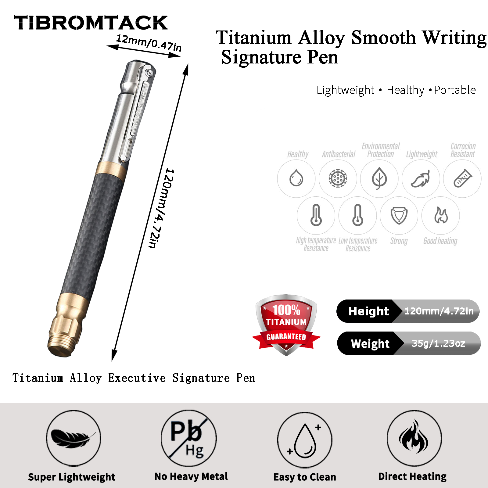 TIBROMTACK Pure Titanium Bolt Action Pen - 120mm/4.72in 35g | Steel-Strength for Business Signing & Writing, BPA Free