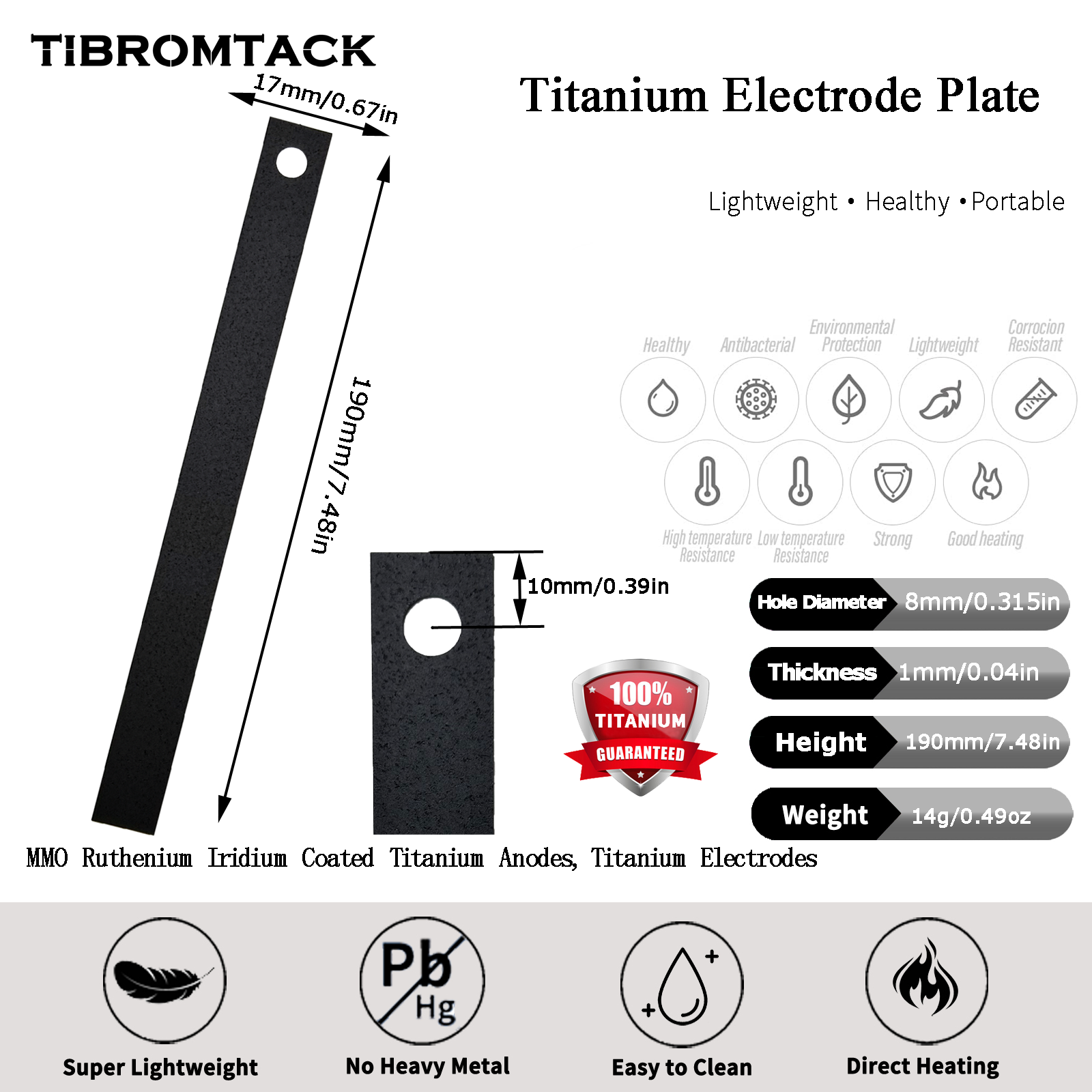 TIBROMTACK Titanium Electrode Plate 190mm x 17mm x 1mm Gr1 Titanium Anode Plate Fit for Saltwater Chlorine Generator