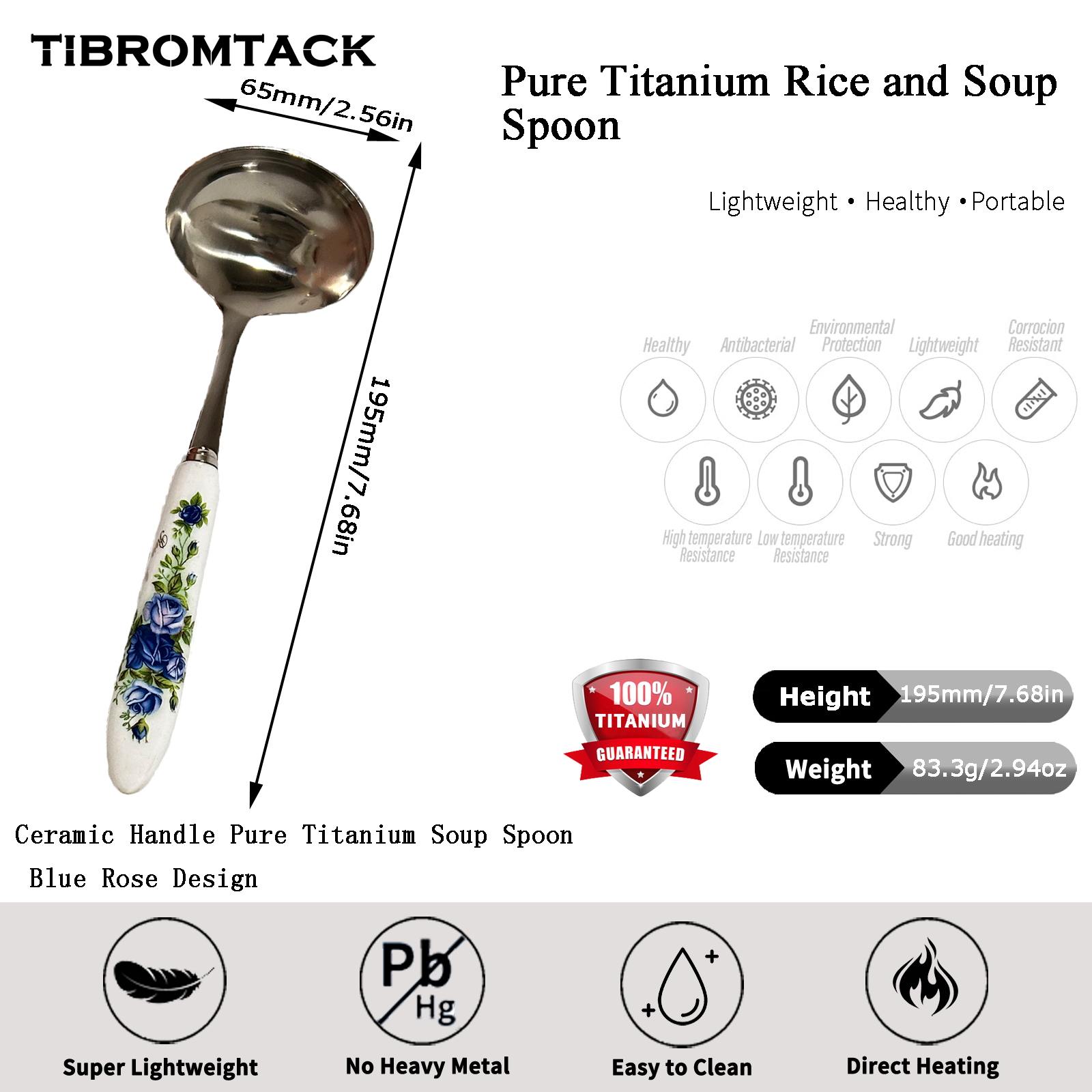 TIBROMTACK Ceramic Handle Pure Titanium Soup Spoon - 7.68in/195mm Blue Rose Pattern, 2.94oz Lightweight for Rice & Soup, BPA Free