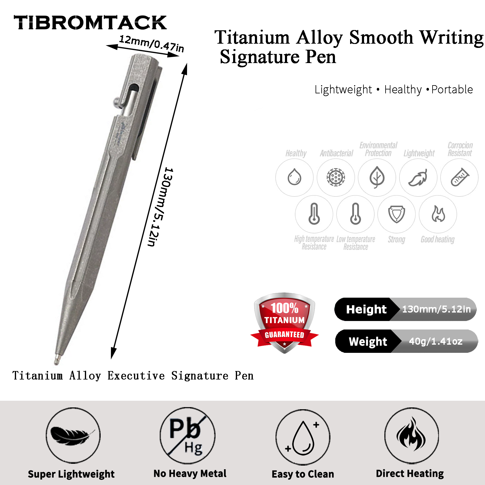 TIBROMTACK Pure Titanium Bolt Action Pen - 130mm/5.12in 40g EDC Fidget Pen | Steel-Strength Titanium Pen for Writing & Calligraphy, BPA Free
