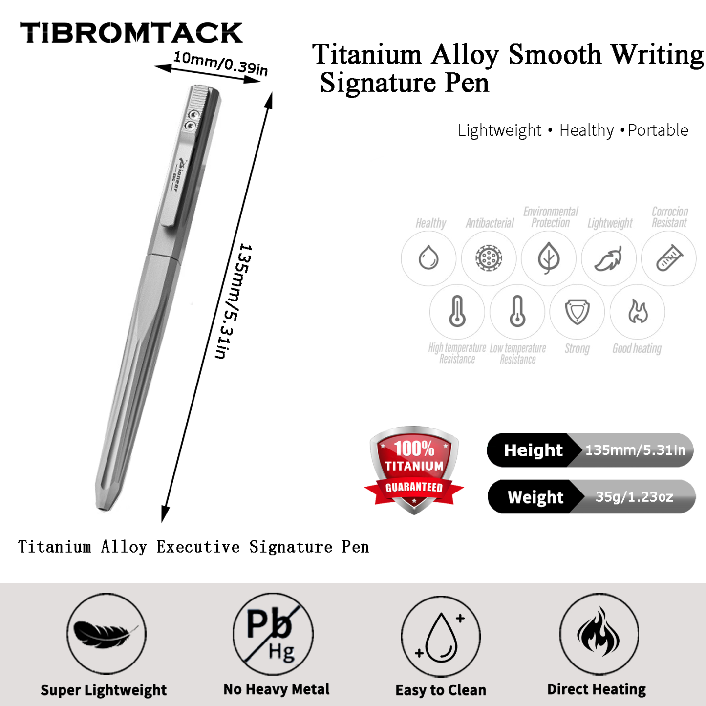 TIBROMTACK Pure Titanium Bolt Action Pen - 135mm/5.31in 35g EDC Fidget Pen | Steel-Strength Titanium Pen for Writing, Calligraphy & Signing, BPA Free