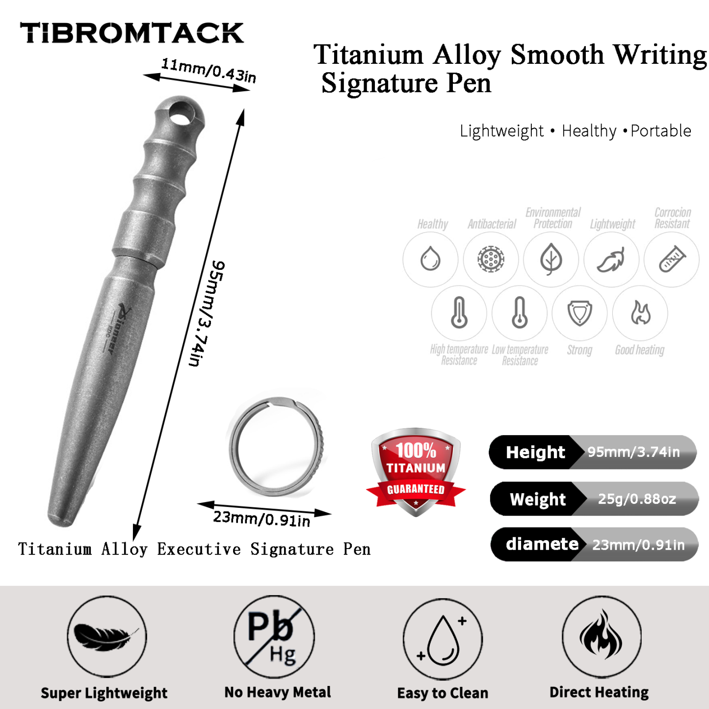 TIBROMTACK Pure Titanium Bolt Action Pen - 9.5cm/3.74in 25g EDC Fidget Pen | Steel-Strength Titanium Pen with Keychain for Writing & Emergency Window Breaking