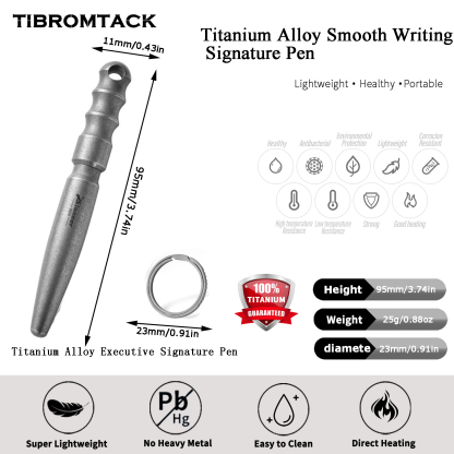 TIBROMTACK Pure Titanium Bolt Action Pen - 9.5cm/3.74in 25g EDC Fidget Pen | Steel-Strength Titanium Pen with Keychain for Writing & Emergency Window Breaking