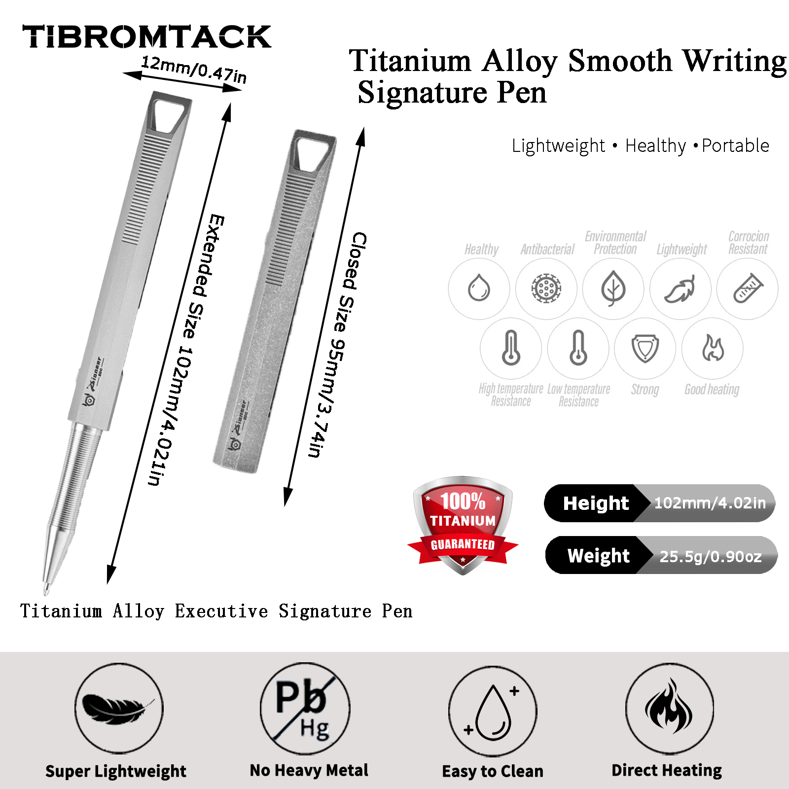 TIBROMTACK Pure Titanium Bolt Action Pen - 102mm/4.02in 25.5g EDC Fidget Pen | Steel-Strength Titanium Pen for Outdoor Self Defense, Signing & Daily Writing, BPA Free