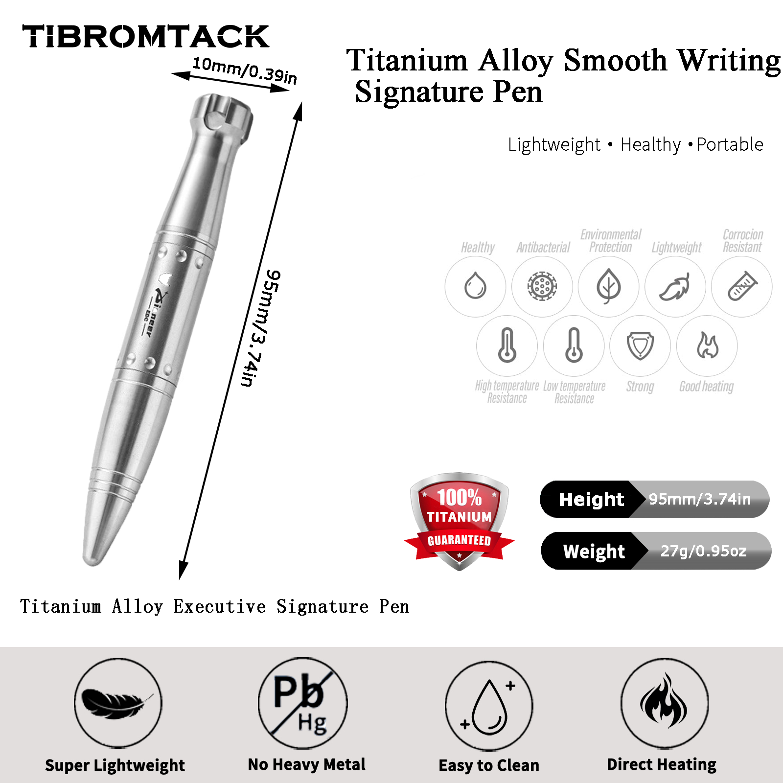 TIBROMTACK Pure Titanium Bolt Action Pen - 95mm/3.74in 27g Titanium Pen | Steel-Strength Pen for Signing & Calligraphy Practice, BPA Free
