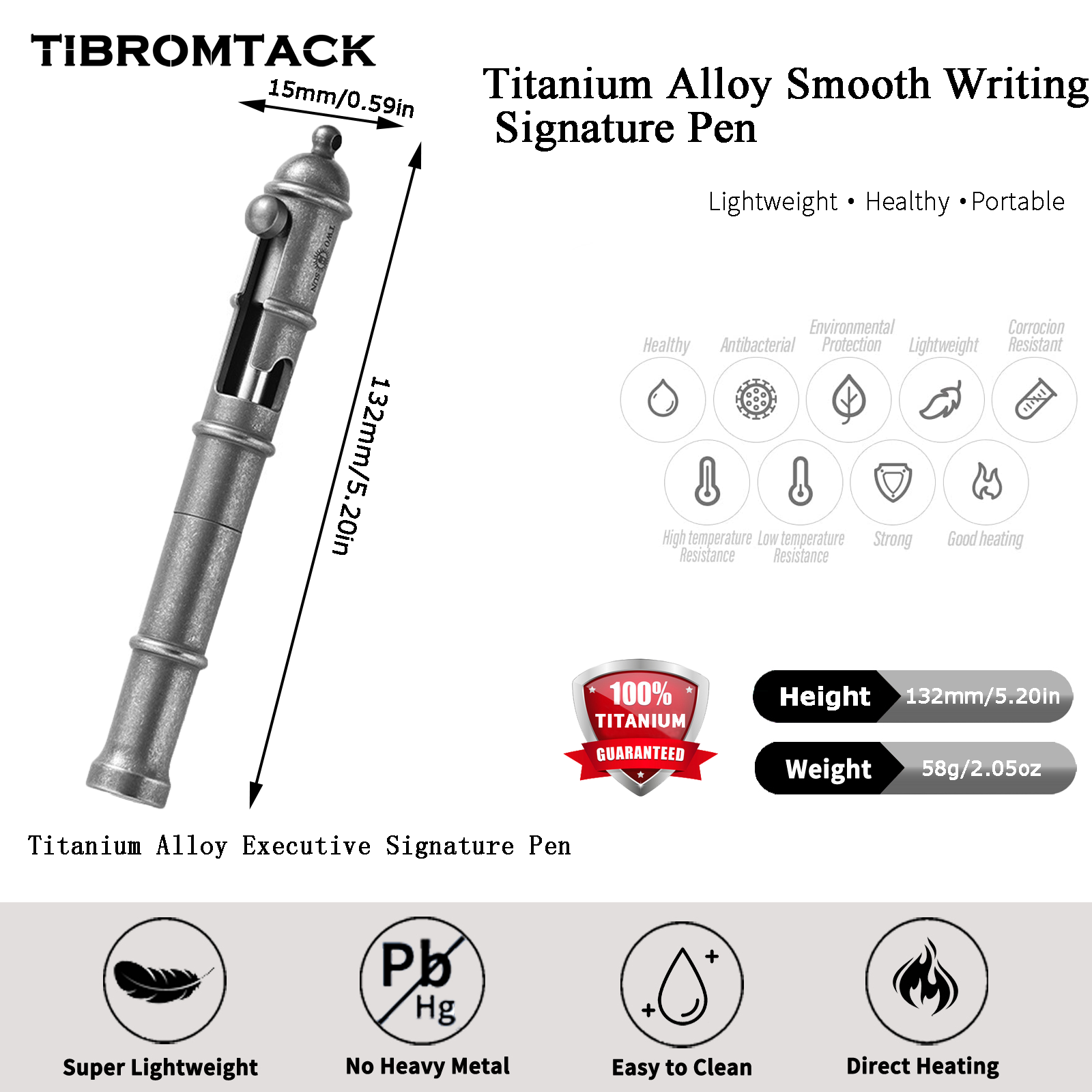 TIBROMTACK Pure Titanium Bolt Action Pen - 132mm/5.2in 58g Titanium Tool | Steel-Strength for Signing, Calligraphy & Self Defense, BPA Free