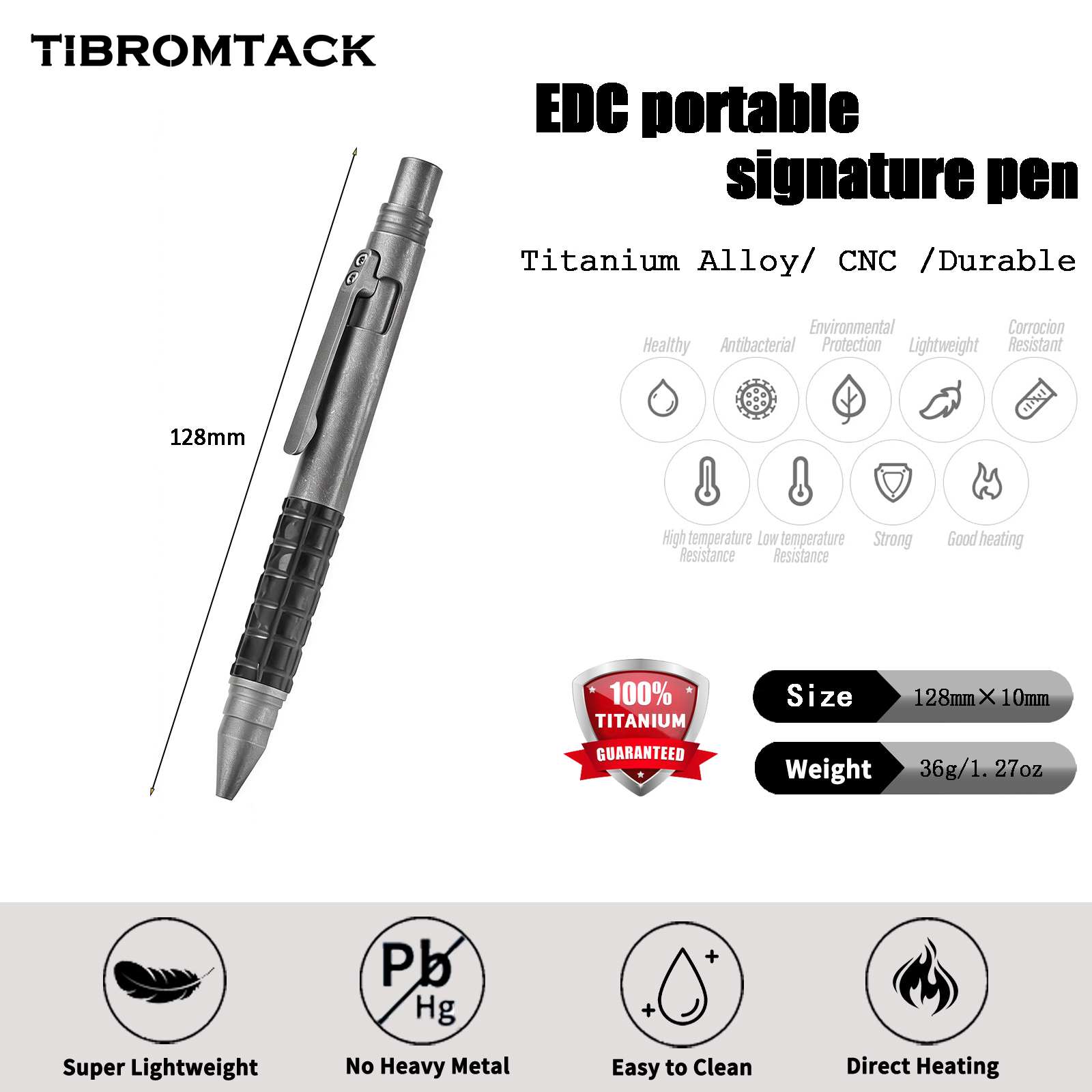 TIBROMTACK Titanium Tactical Pen, Bolt Action Pen for Self Defense Weapons, Gr5 Titanium Alloy, Smooth Writing & Multi-Functional, Lightweight 1.27oz/36g, 5.04in×0.39in EDC Pen for Outdoor & Daily Use