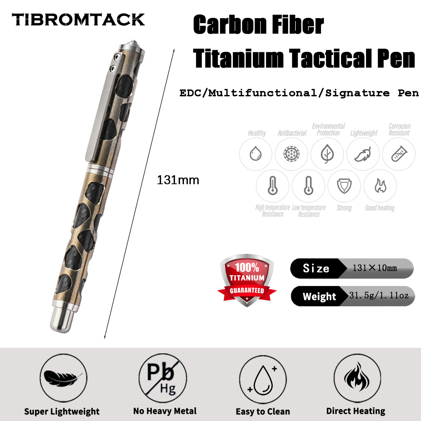 TIBROMTACK Gr5 Titanium Alloy Tactical Pen, EDC Survival Self Defense Tool with Tungsten Steel Tip, Window Breaker, 5.16×0.39 In/31.5g, Smooth Writing