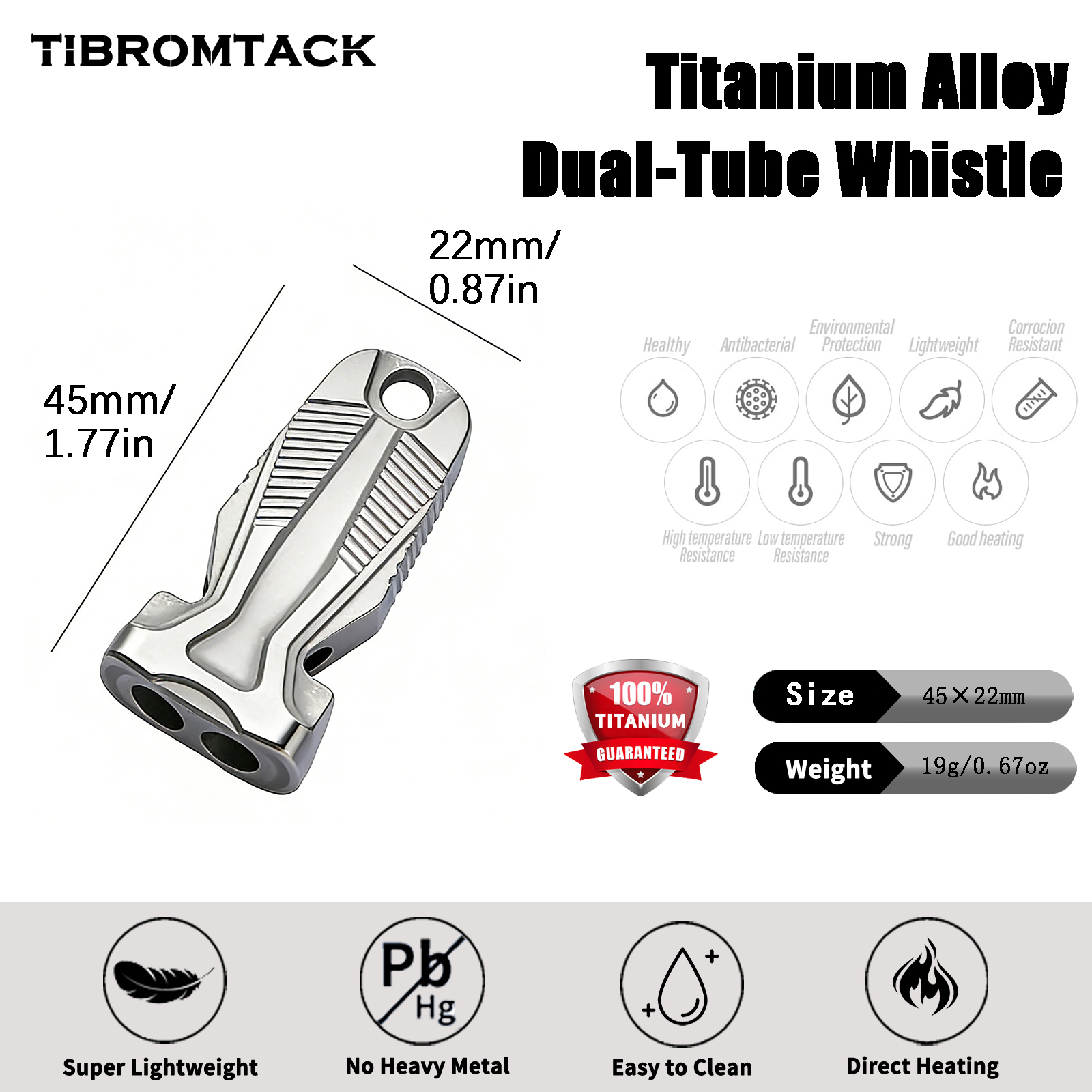 TIBROMTACK Gr5 Titanium Alloy Dual Tube Emergency Survival Whistle, Loud Safety Whistle for Adults, 1.77x0.87in, 0.67oz, BPA Free, Lightweight & High Strength